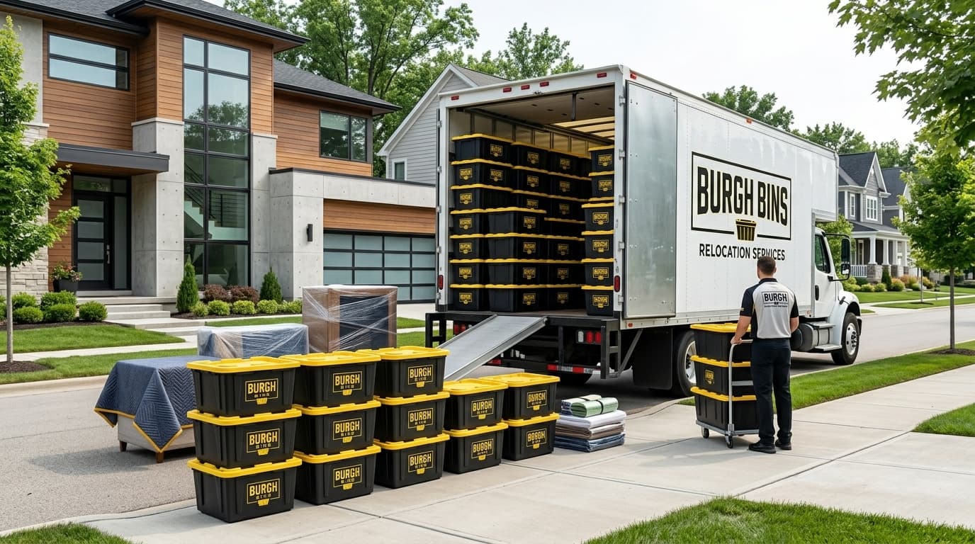 A truck loaded with stacked Burgh Bins