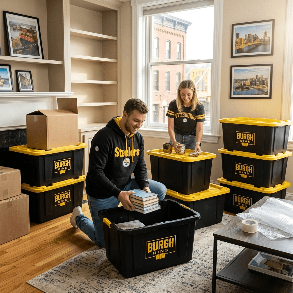 A couple packing their Burgh Bins moving bins in their living room