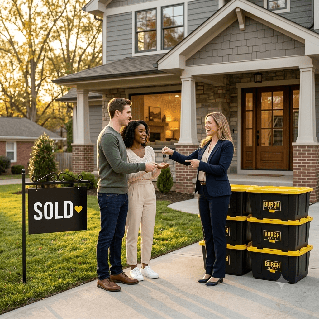A realtor handing over keys to new homeowners next to a stack of Burgh Bins